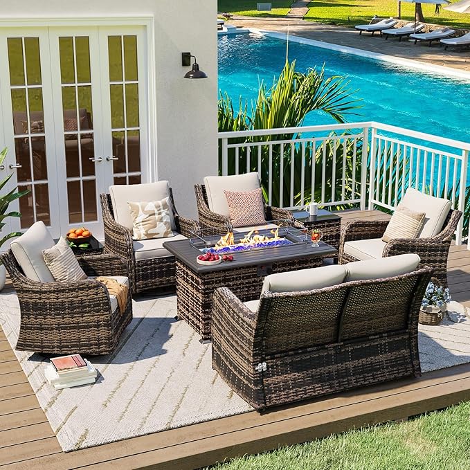 MEISSALIVVE 8 Pieces Patio Furniture Set with 43" Fire Pit Table, Wicker Patio Conversation Set with Swivel Rocking Chairs, Outdoor Patio Set for Lawn Backyard Porch (Brown)