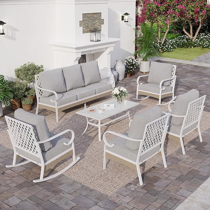 SUNSHINE VALLEY 6 PCS Metal Outdoor Patio Furniture Set, Patio Conversation Set 1 3-Seater Couch, 2 Fixed Sofa, 2 Rocking Sofa with 5.75" Thick Cushion and Coffee Table White Backyard Furniture, Gray