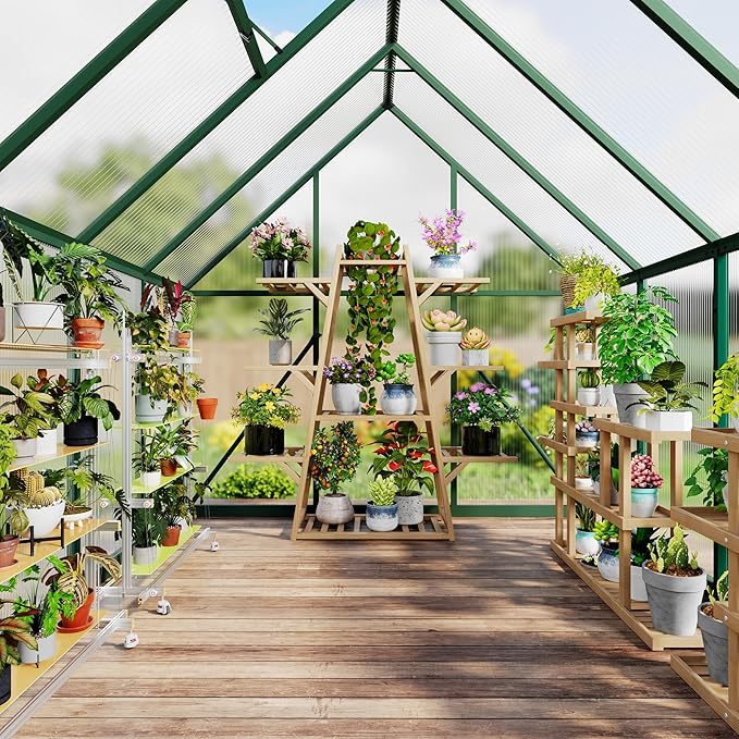6x7 FT Outdoor Greenhouse, Polycarbonate Greenhouse with Roof Vent and Ground Nails, Aluminum Large Walk-in Green House w/ Lockable Push Door for Outside Garden Backyard (Green, 6x7 FT)