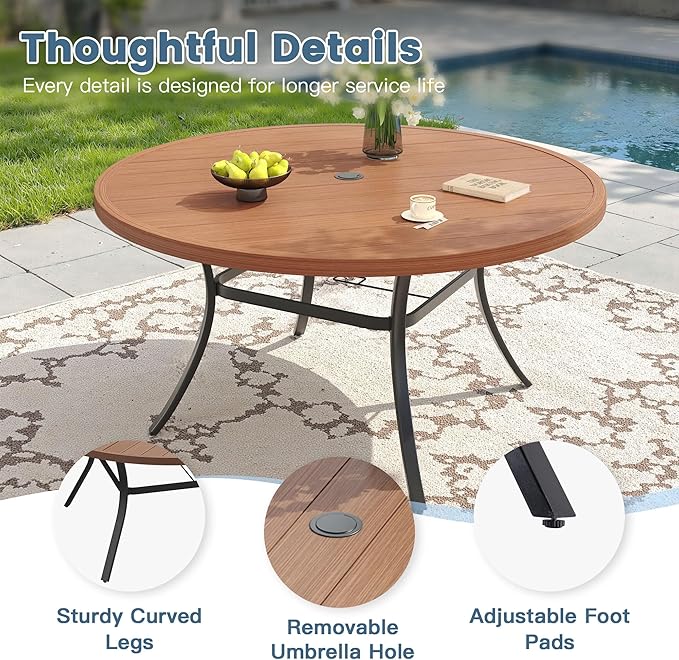 DIFY 60" Round Outdoor Patio Dining Table for 8-10, Metal Patio Table with 1.57" Adjustable Umbrella Hole, All-Weather Dining Furniture Table for Backyard Lawn Garden, Walnut