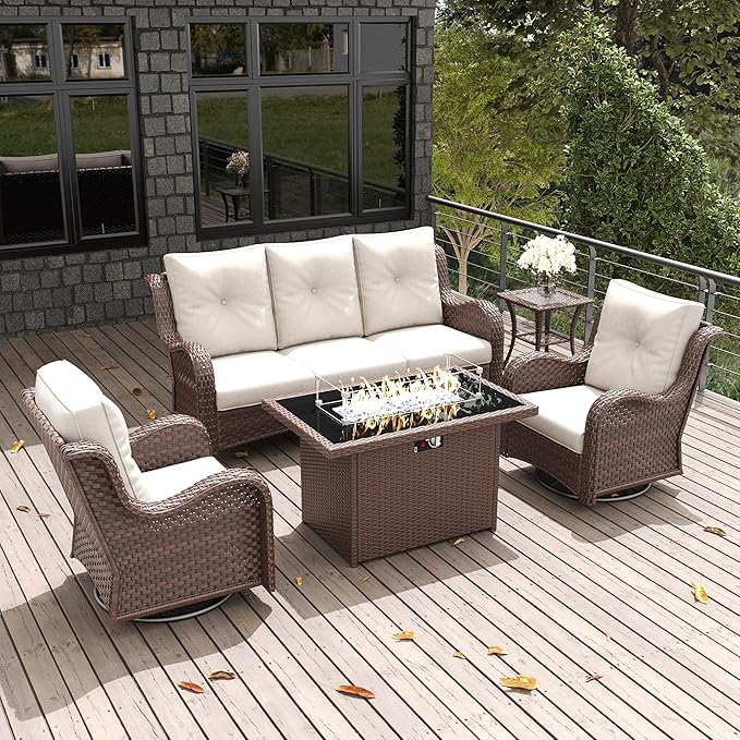 LayinSun 5 Pieces Outdoor Patio Furniture Set with Fire Pit Table, Rattan Wicker Sectional Swivel Rocker Chairs Sets with Swivel Glider Chair and Coffee Table
