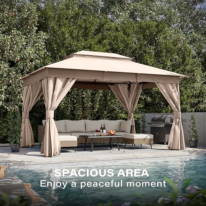 LAUSAINT HOME Gazebo 10x13ft, Heavy Duty Patio Gazebo with Expansion Bolts, Party Canopy Tent with Double Roofs, Mosquito Nettings and Privacy Screens for Backyard, Garden, Lawn, Khaki