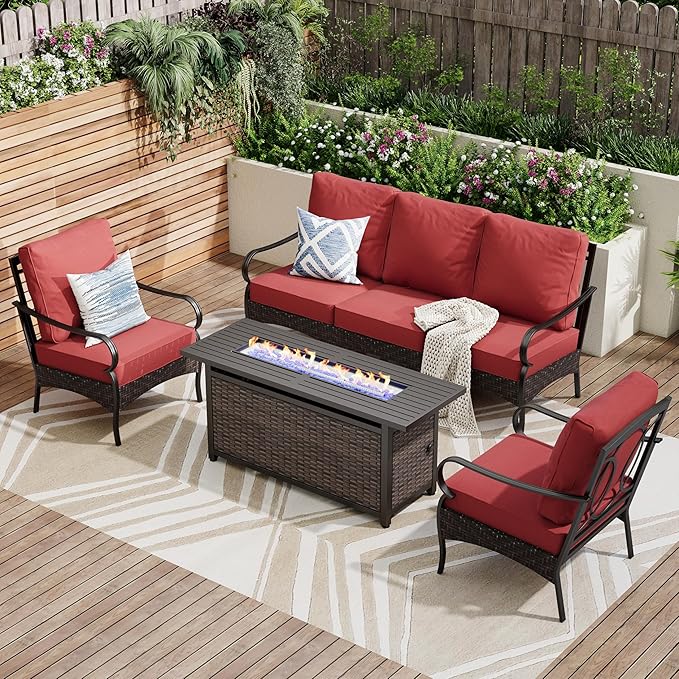 PHI VILLA Patio Furniture Set with 56" Fire Pit Table, Premium Outdoor Wicker Metal Frame Furniture with Upgraded Waterproof Thick Cushions for Porch, Poolside, Deck, and Yard （4 Pieces,Red
