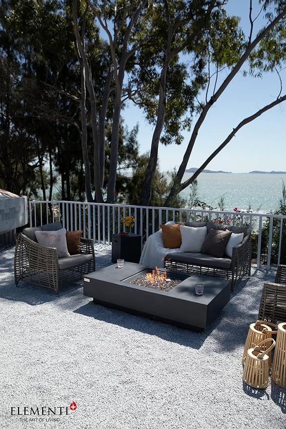 Elementi+ | Bundle Cannes Gas Fire Pit Cast Concrete 60" Rectangular Fire Table, Outdoor Fire Pit Electronic Ignition | Canvas Cover, Fire Glass and Burner Lid Included | Dark Gray | Natural Gas