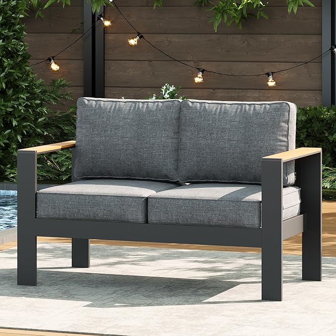 LayinSun Aluminum Outdoor Furniture Set 2 Seat Loveseat, Outside Patio Deep Seating Conversation Set with Upgraded Washable Thick Cushion