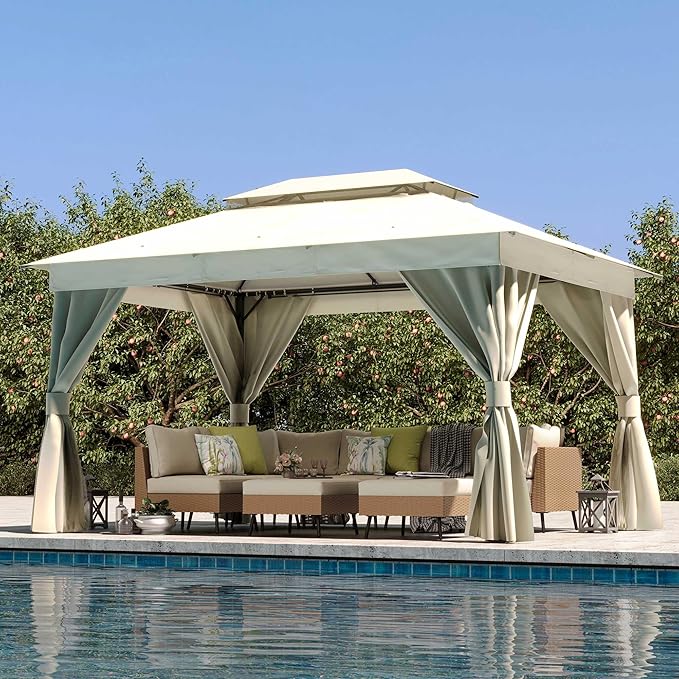 LAUSAINT HOME Gazebo 10x13ft, Heavy Duty Patio Gazebo with Expansion Bolts, Party Canopy Tent with Double Roofs, Mosquito Nettings and Privacy Screens for Backyard, Garden, Lawn, Cream White