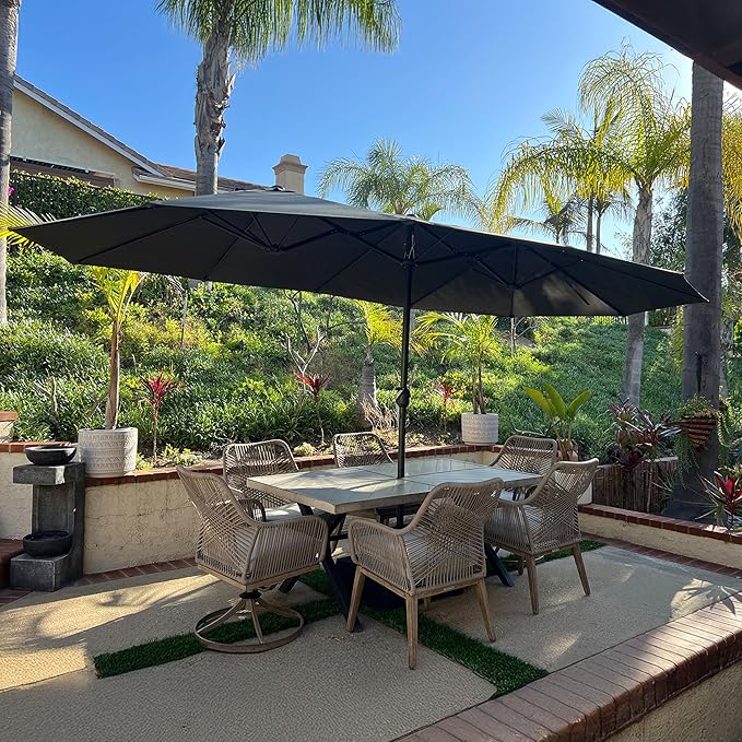 PURPLE LEAF 14ft Patio Market Umbrella with Base Double-Sided Rectangle Outdoor Table Sun Umbrellas with Crank 12 Heavy Duty Sturdy Ribs for Pool Beach Deck Backyard Gray