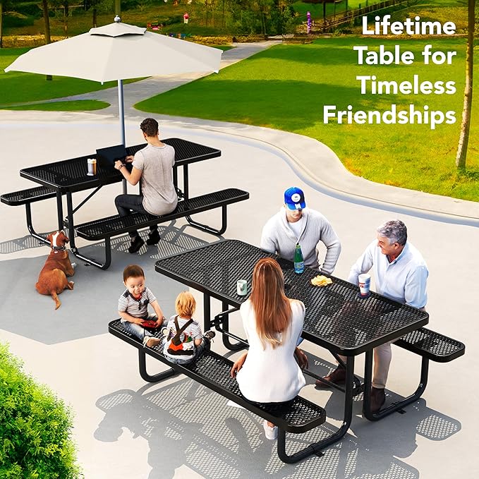 Commercial Heavy-Duty Metal Picnic Table - ADA Compliant, Adjustable Seats, Umbrella Hole, Expanded Metal (Black, 6' Rectangular)