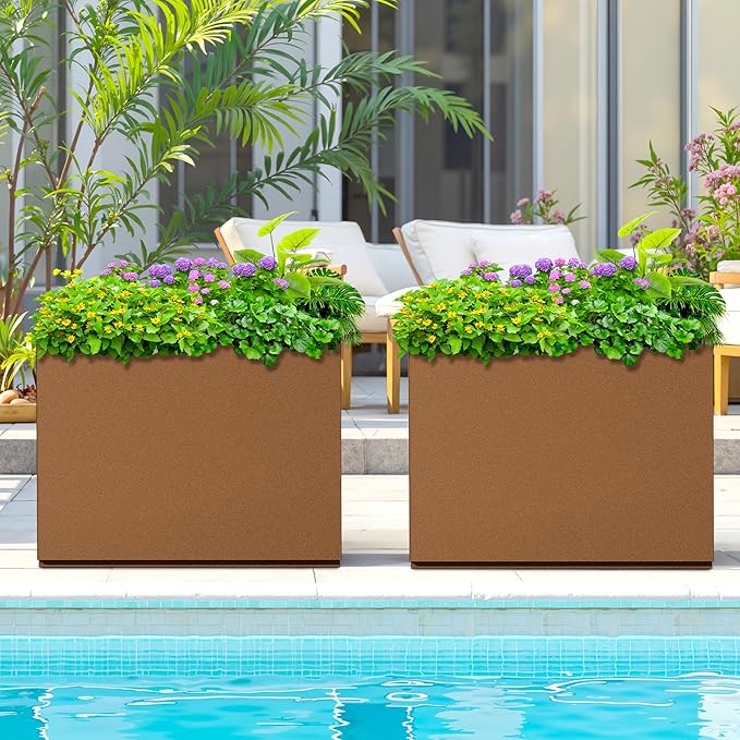 Rectangle Planter for Indoor & Outdoor, Tall and Long Planter Boxes with Drainage Holes, Mental Divider Planter Box All-Weather Use for Plants, Flowers, 29.9" L x 12" W x 24" H, Brown