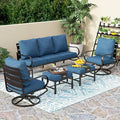 PHI VILLA 5 PCS Patio Furniture Set, Metal Deluxe Patio Set with 1 x 3 Seater Deep Seating Bench, 2 x Swivel Sofa Chairs & 2 x Metal Cushioned Ottoman, Outdoor for Garden, Peacock Blue