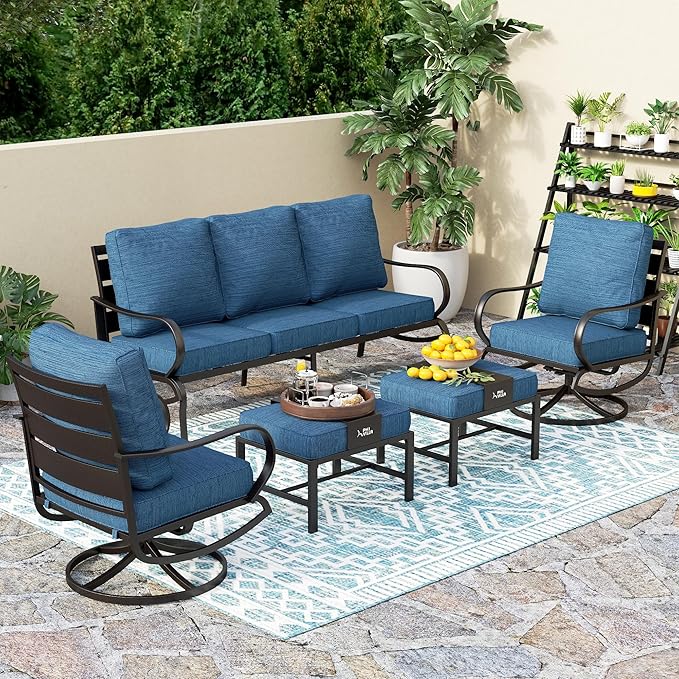 PHI VILLA 5 PCS Patio Furniture Set, Metal Deluxe Patio Set with 1 x 3 Seater Deep Seating Bench, 2 x Swivel Sofa Chairs & 2 x Metal Cushioned Ottoman, Outdoor for Garden, Peacock Blue