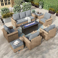 HERA'S HOUSE 8-Piece Patio Furniture Set, All Weather 9 Seats Outdoor Wicker Sofa with Ottomans, Rattan Patio Conversation Set with 5.5" Cushions and 57" Fire Pit Table, Grey