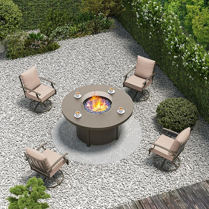 5 Pieces Patio Furniture Set with Round Fire Pit Table, Outdoor Conversation Sets 4 Swivel Chairs with Upgrade Cushions for Patio, Backyard Brown