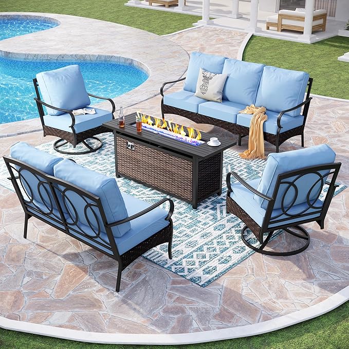 PHI VILLA Patio Furniture Set with 56" Fire Pit Table, Premium Outdoor Wicker Metal Frame Furniture with Upgraded Waterproof Thick Cushions for Porch, Poolside, Deck, and Yard （5 Pieces, Blue