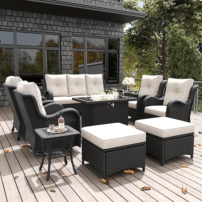 LayinSun 10 Pieces Outdoor Patio Furniture Set with Fire Pit Table, Rattan Wicker Sectional Swivel Rocker Chairs Sets with Ottomans, Swivel Glider Chair, Single Chairs and Coffee Table