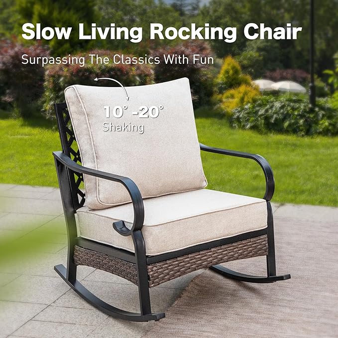 SUNSHINE VALLEY 5 Piece Metal Outdoor Patio Furniture Set with Firepit Table, Patio Conversation Sets 1 3-Seater Sofa, 2-Seater Loveseat, 2 Rocking Chairs with 5.75" Cushion for Backyard Deck, Beige