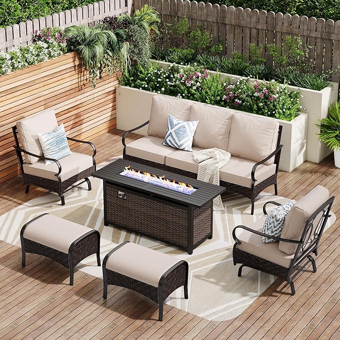 Patio Furniture Set with 56" Fire Pit Table, Premium Outdoor Wicker Metal Frame Furniture with Upgraded Waterproof Thick Cushions for Porch, Poolside, Deck, and Yard （8 Pieces,Beige）
