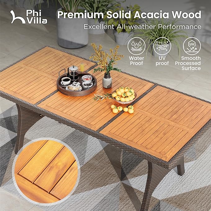 PHI VILLA Outdoor Dining Set for 8, Rectangular Rattan Table with Acacia Wood Top & Wicker Chairs with Cushions, 74” Large Modern Furniture Set for Patio, Deck, Backyard, Porch