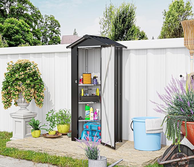 2.5x1.4 FT Outdoor Storage Shed, Tool Shed with Waterproof Roof and Lockable Door,Metal Shed with Adjustable Open Shelves for Backyard Garden Patio Lawn,Black