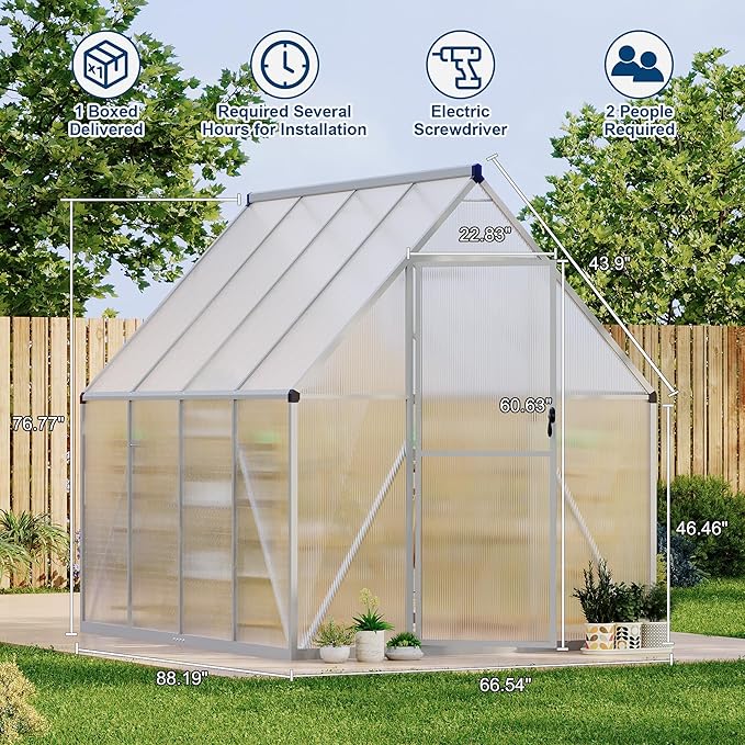 GAOMON 6x7 FT Outdoor Greenhouse with Roof Vent - Heavy Duty Aluminum Polycarbonate Greenhouse, Easy Assembly, Lockable Door, for Patio, Backyard, Garden