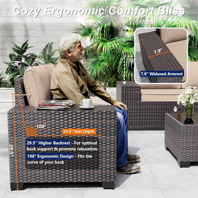 Outdoor Patio Furniture Set, 6 Pieces Outdoor Sectional Furniture High Backrest Patio Sofa, All-Weather PE Rattan Patio Conversation Set with Coffee Table & Cushions-Sand.