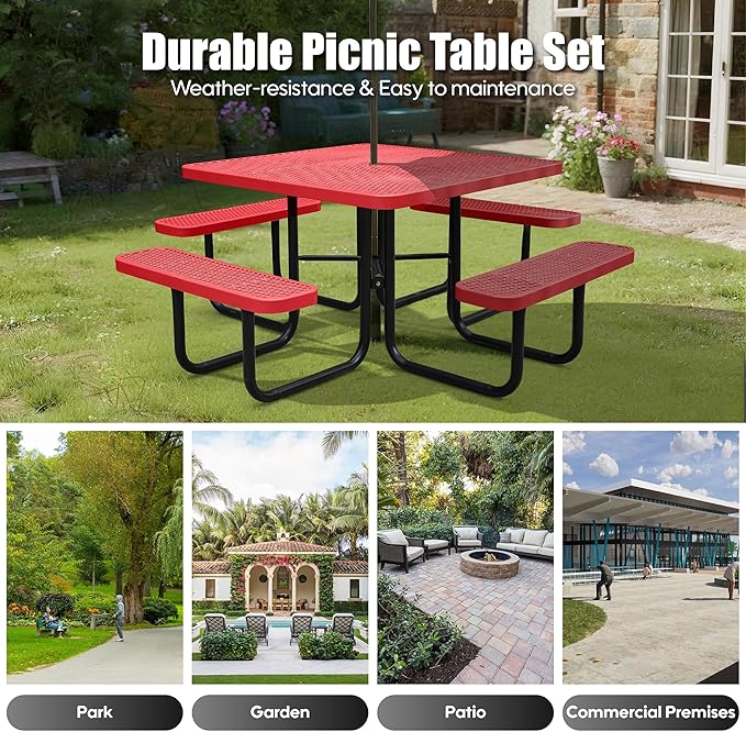 8-Person Outdoor Picnic Tables,46" Heavy-Duty Metal Square Picnic Table,Expanded Metal Commercial-Grade Table with 4 Benches & Umbrella Hole,Waterproof Coating Beach Table for Patio,Garden, Backyard