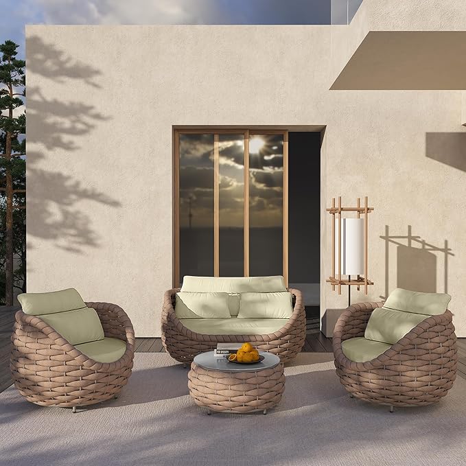 TWT Aluminum Outdoor Patio Furniture Set with Coffee Table, 6 Piece Patio Conversation Sets with Washable Cushions Covers, Patio Sectional Furniture Set for Porch, Balcony, Deck, Yard, Light Brown