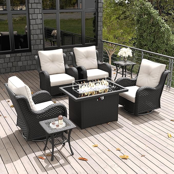 LayinSun 7 Pieces Outdoor Patio Furniture Set with Fire Pit Table, Rattan Wicker Swivel Rocker Chairs Sets with Swivel Glider Chairs and Coffee Table