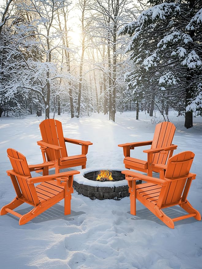 KINGYES Folding Adirondack Chair Set of 4, Dual Cup Holders & All-Weather HDPE, Wood-Like Patio Chair for Backyard, Camping, Pool & Fire Pit, Orange