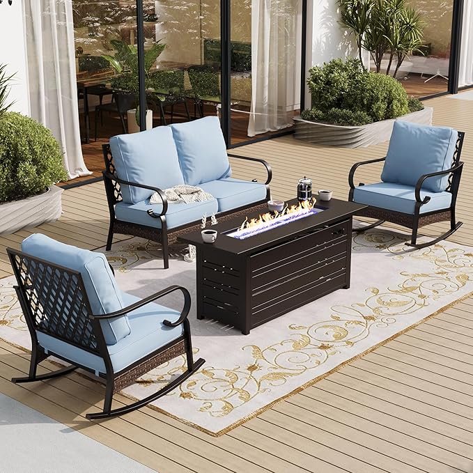 SUNSHINE VALLEY 4 Piece Metal Outdoor Patio Furniture Sets with Firepit Table, Patio Conversation Sets 1 2-Seater Sofa, 2 Rocking Sofa with 5.75" Cushion Black Backyard Furniture for Deck, Blue