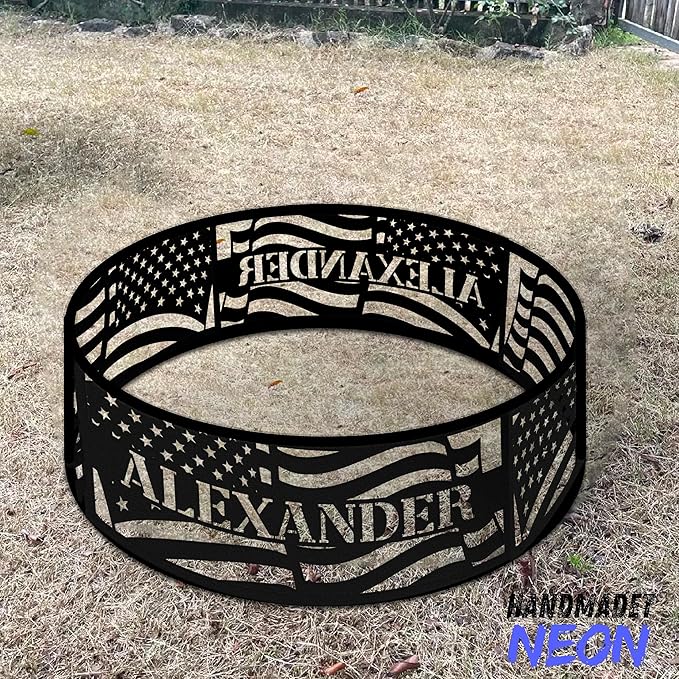 Personalized Fire Pit Ring American Flags US USA Flag Metal Custom Name 360 Degree Campfire Ring Stove Outdoor BBQs Backyard Camping Garden Decor Gifts Father's Day Camper Veteran