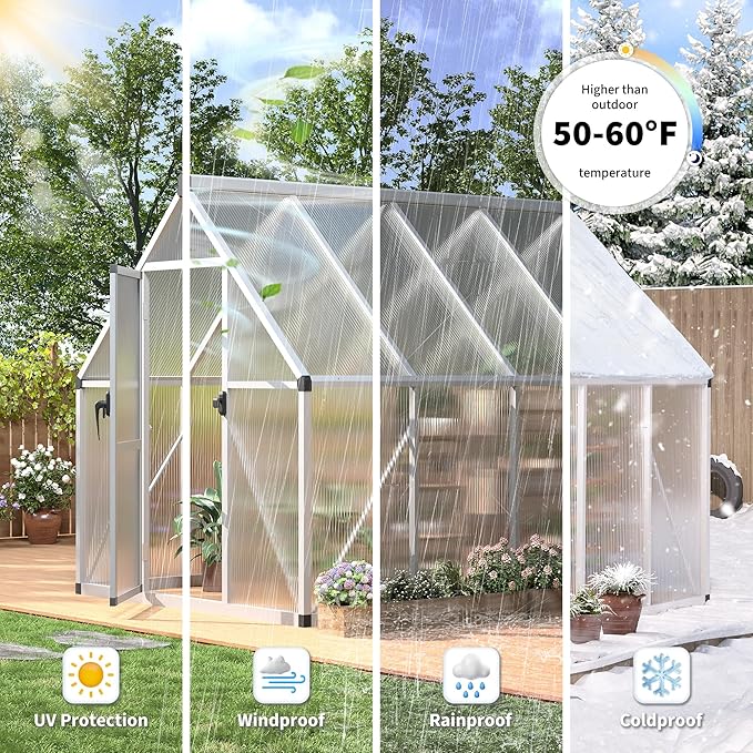 IDEALHOUSE 6x7 FT Greenhouse for Outdoors, Lockable Door and Ajustable Roof Vent, Polycarbonate Greenhouse with Windproof Aluminum Frame, Aluminum Walk-in Greenhouses, for Backyard, Lawn