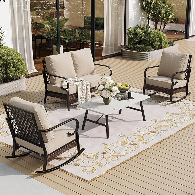 SUNSHINE VALLEY 4 Piece Metal Outdoor Patio Furniture Sets, Patio Conversation Sets 1 Loveseat, 2 Rocking Sofa with 5.75" Extra Thick Cushion and Coffee Table, Balck Frame Backyard Furniture, Beige
