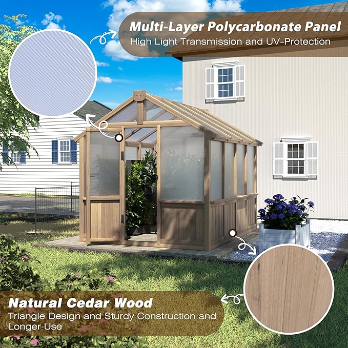 Mupater 6 x 8 FT Wooden Polycarbonate Greenhouse with Ventilated Window and Lockable Door, Walk-in Greenhouse for Backyard