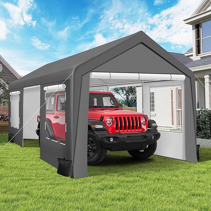 COVERONICS 10x20 FT Heavy Duty Carport Tent - Portable Outdoor Car Canopy with Roll-up Side Doors & Windows, Portable Garage with 4 Sandbags for Car, Truck and Outdoor Event, Grey