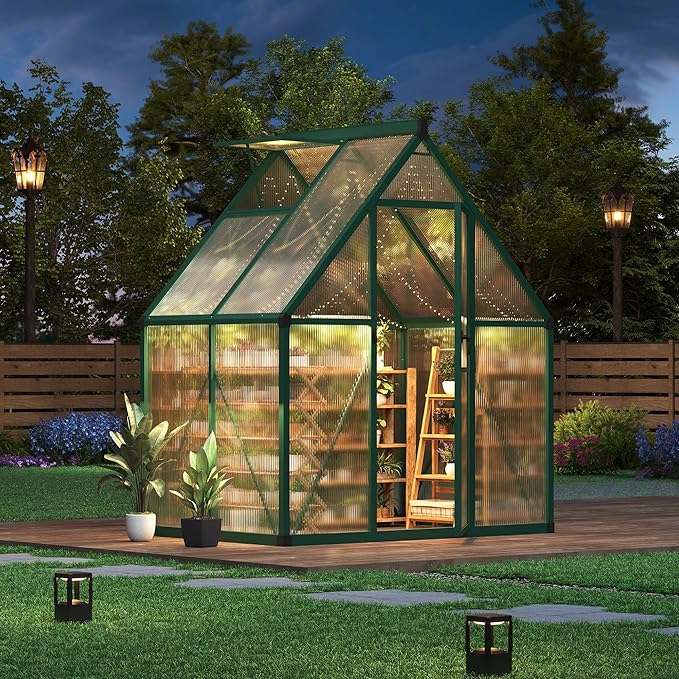 6 x 4 ft Greenhouse, Polycarbonate Walk-in Greenhouse with Aluminum Frame, Adjustable Roof Vent and Lockable Door, Green Houses for Outside, Garden, Backyard and Patio, Easy Assembly