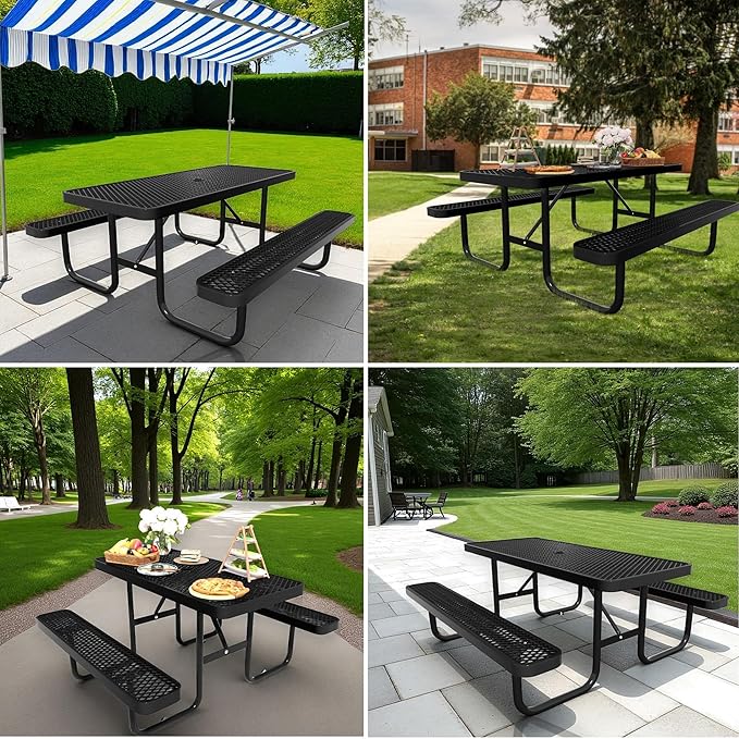 HIMcup 4 FT Metal Picnic Tables for Outside, Outdoor Coated Steel Heavy Duty Commercial Picnic Table with Benches, Patio Table Rectangular Furniture Set for Garden, Lawn, Shops, Parks