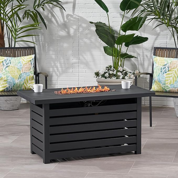 Merax 30,000 BTU Rectangular Iron Fire Pit with Hidden Propane Tank Cover, 47.25" L Outdoor Gas Firepit for Patio & Backyard, Black