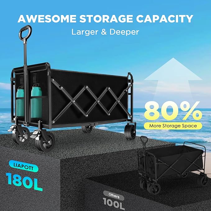 Wagons Carts Foldable with Brakes & All-Terrain Wheels, 560LBS Capacity Utility Cart for Beach Trips, Outdoor Camping, Sports & Garden Use – Black