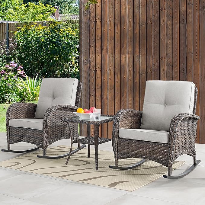 Belord Patio Wicker Furniture with Rocking Chairs Loveseat, 5 Piece Rattan Furniture Outdoor Table and Rocking Chairs Set for Patio Deck Porch Backyard Brwon/Beige