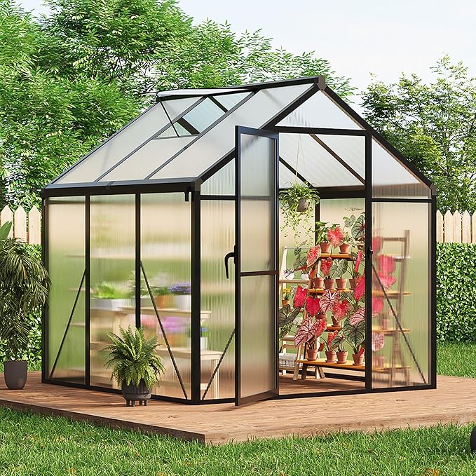6 x 6 ft Greenhouse, Greenhouses for Outside, Polycarbonate Greenhouse with Aluminum Frame, Lockable Door and Ajustable Roof Vent for Backyard, Green Houses for Outside Garden Backyard, Patio