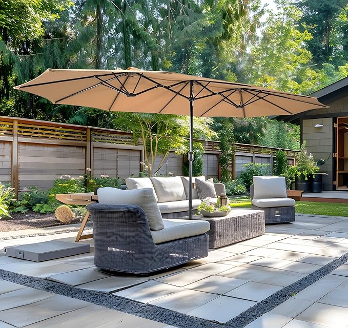 Bigroof 15ft x 9ft Patio Double-Sided Umbrella with Base & Crank, Extra Large Rectangular Outdoor Umbrella for Patio, Lawn & Garden, Beige