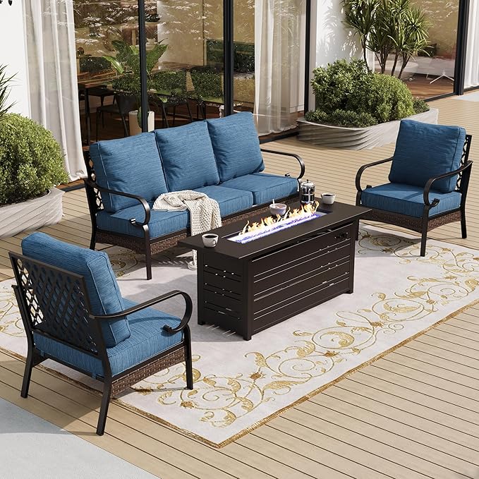 SUNSHINE VALLEY 4 Piece Black Metal Outdoor Patio Furniture Sets with Firepit Table, Patio Conversation Sets 1 3-Seater Sofa, 2 Single Sofa with 5.75" Thick Cushion Backyard Furniture for Deck, Blue-2