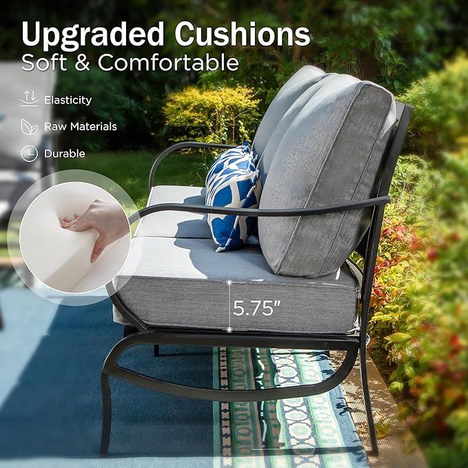 PHI VILLA 4 Piece Patio Furniture Sets for 5 Person with 1 x 3-Seat Deep Seating Bench, 2 x Cushioned Swivel Sofa Chairs & 1 x Coffee Table, Outdoor Metal Conversation Set for Lawn Garden,Grey