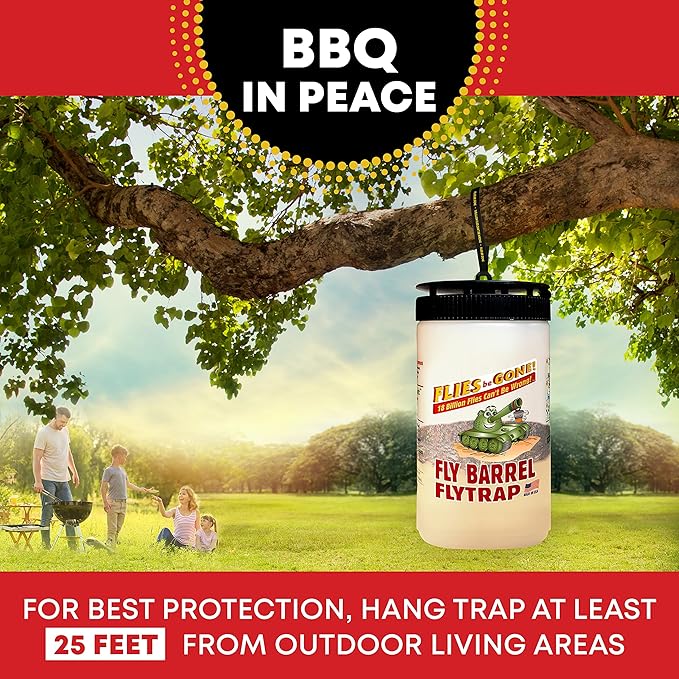 Flies Be Gone Outdoor Fly Trap Reusable – with 2 Dissolvable Fly Attractant Refill Packets & 1 Suspension Strap - Best Non-Toxic Catcher for Your patios, Home and Commercial Use