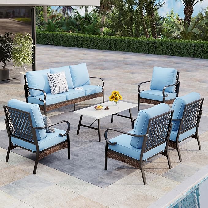 Patio Furniture Set with Coffee Table, Outdoor Conversation Set with 4 x Fixed Chairs, 1 x 3-Seat Sofa for Lawn Garden Backyard, Blue