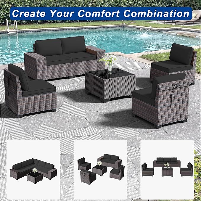 Outdoor Patio Furniture Set, 6 Pieces Outdoor Sectional Furniture High Backrest Patio Sofa, All-Weather PE Rattan Patio Conversation Set with Coffee Table & Cushions-Black