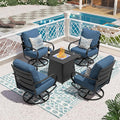 PHI VILLA 5 Piece Patio Furniture Set with 28" Firepit Table, 4 Outdoor 5.75" Cushioned Metal Frame Swivel Sofa Chairs & 28" Gas Firepit Table, Outside Furniture Set for Lawn Garden(Peacock Blue)
