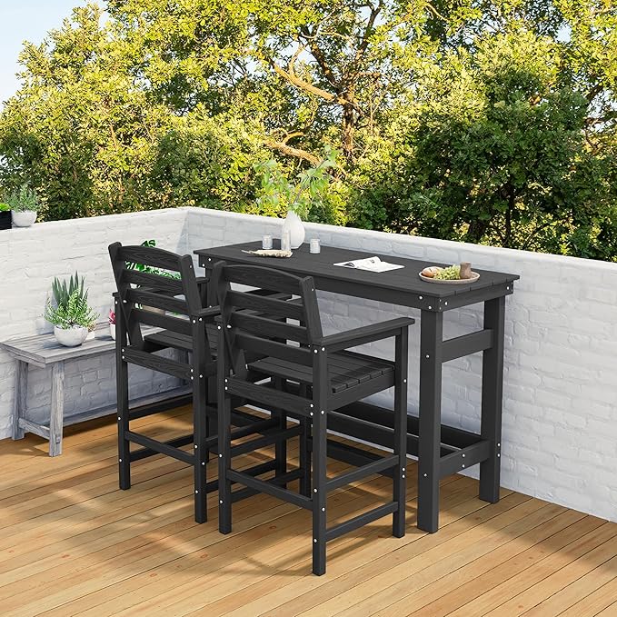 SERWALL Outdoor Bar Set - 2 Adirondack Bar Chairs & Bar Height Table with 1.6" Umbrella Hole, All-Weather HDPE Patio Furniture for Poolside, Backyard, Garden - Black