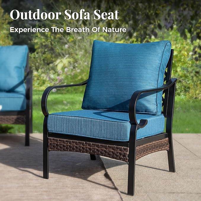 Patio Furniture Set with Coffee Table, Outdoor Conversation Set with 2 x Fixed Chairs, 1 x 3-Seat Sofa for Lawn Garden Backyard, Pacific Blue